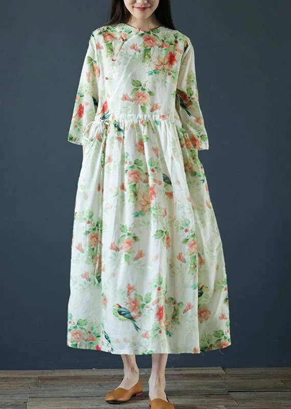 Italian o neck drawstring linen clothes For Women Inspiration green print Dresses