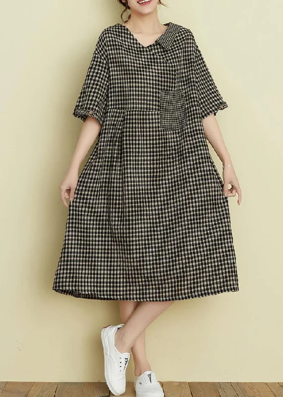 Italian v neck pockets summer dresses black plaid Dresses