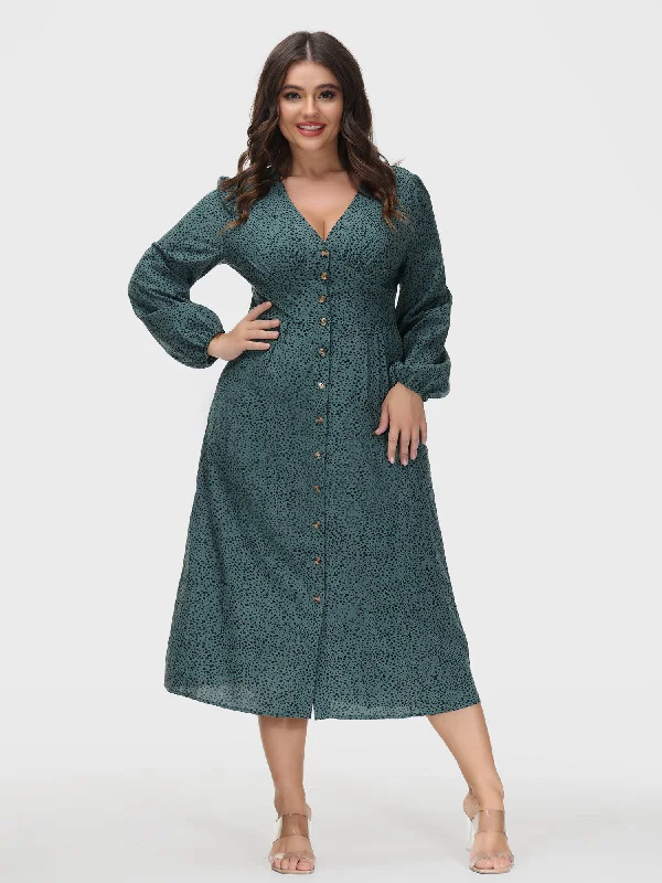 Leopard Printed V-Neck Fitted Button Down Dress