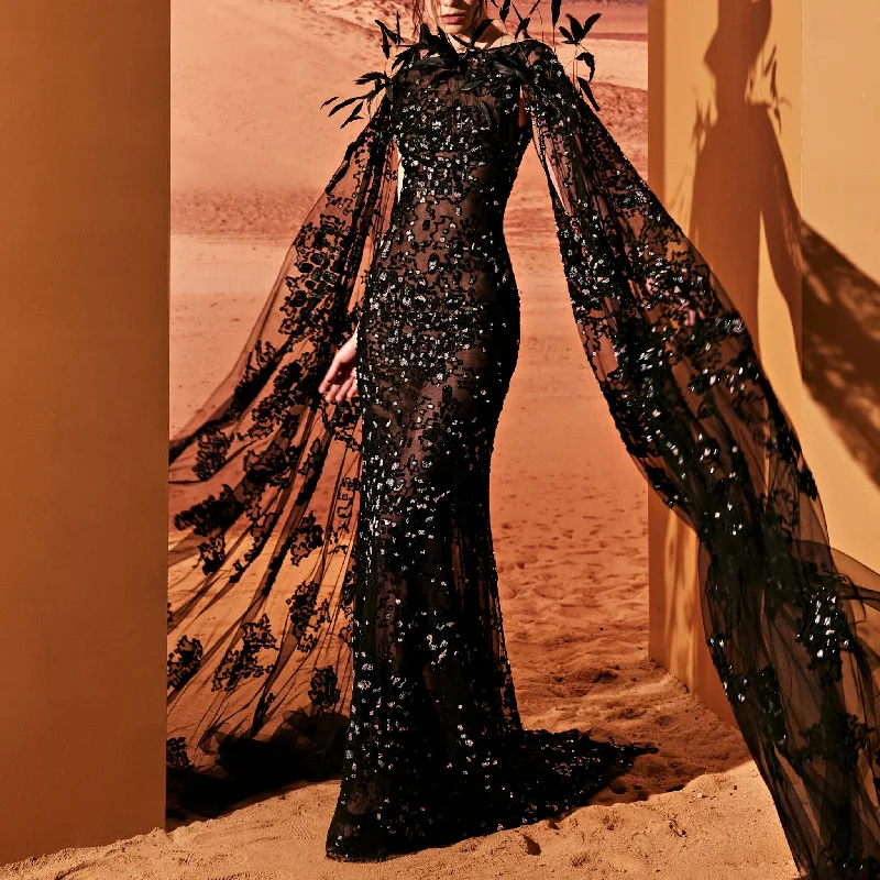 Long Black Tulle Dress With Pearls