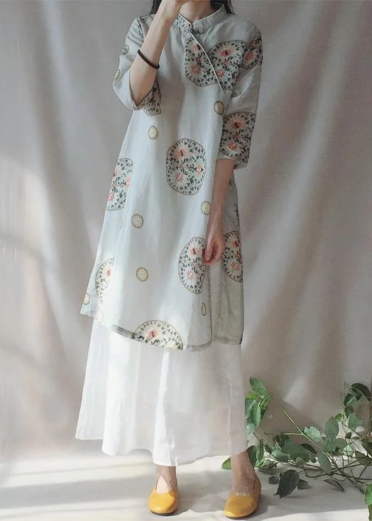 Loose Auspicious Clouds Dress Stand Collar Falf Sleeve Dress