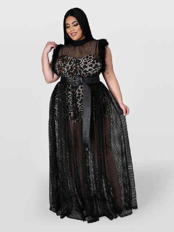 Mesh Patchwork Round Neck Dress &Two-Piece Set