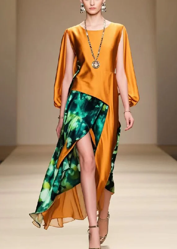 Modern Caramel Asymmetrical Patchwork Silk Dress Cloak Sleeves
