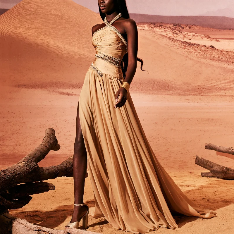 Muslin Camel Dress With Silver Embroidery