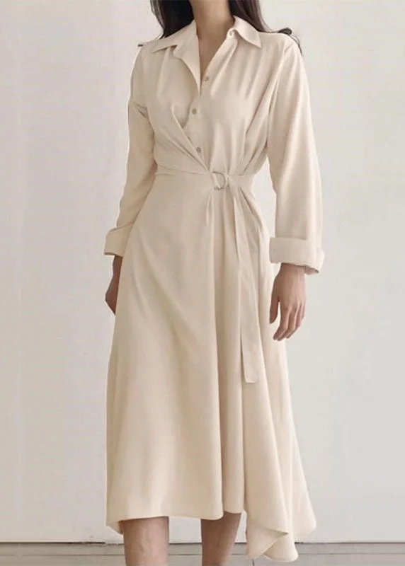 Natural Apricot Peter Pan Collar Wrinkled Patchwork Cotton Dresses Spring