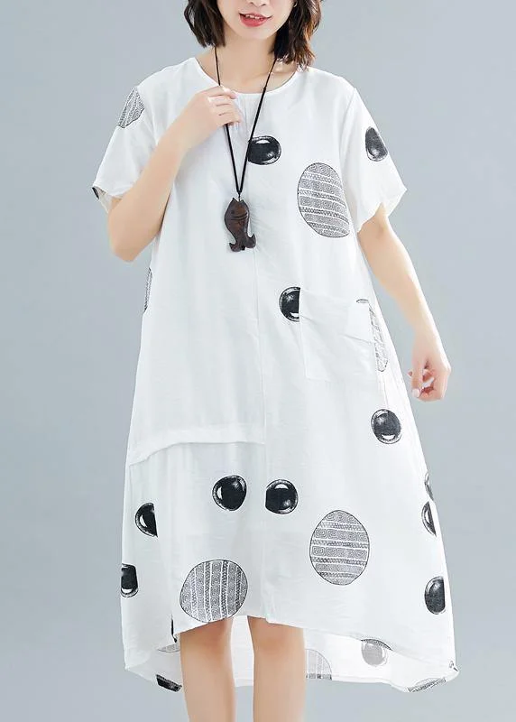 Natural o neck asymmetric cotton clothes Work white dotted Traveling Dresses summer