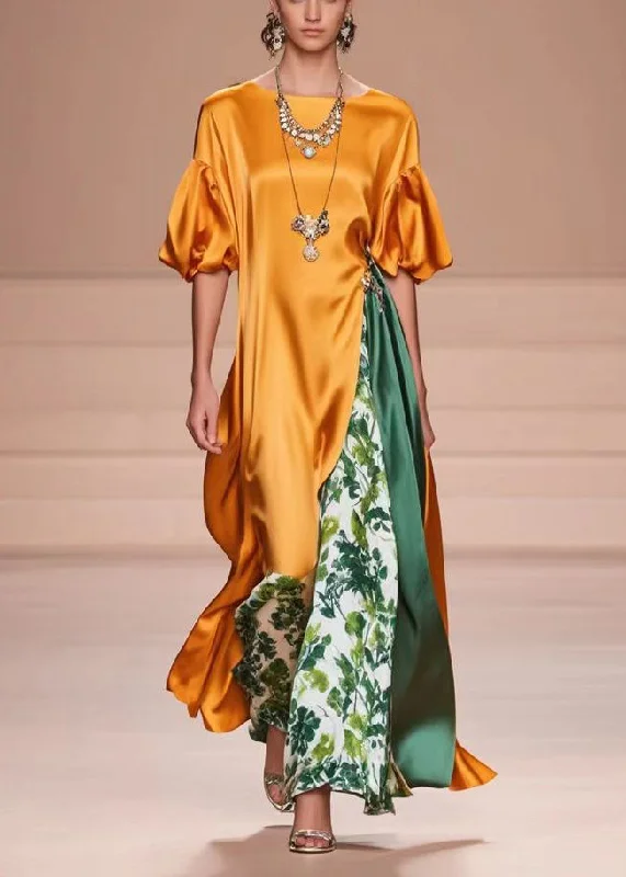 Natural Orange Asymmetrical Patchwork Silk Vacation Dresses Lantern Sleeves