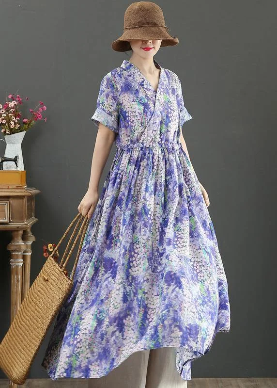 Natural Purple Print Dresses V Neck Drawstring Plus Size Summer Dresses
