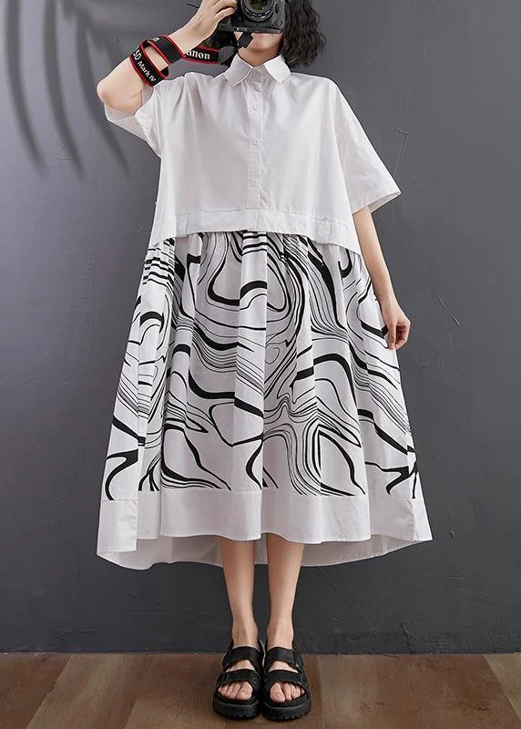 Natural White Print Patchwork Button Mid Dress Summer