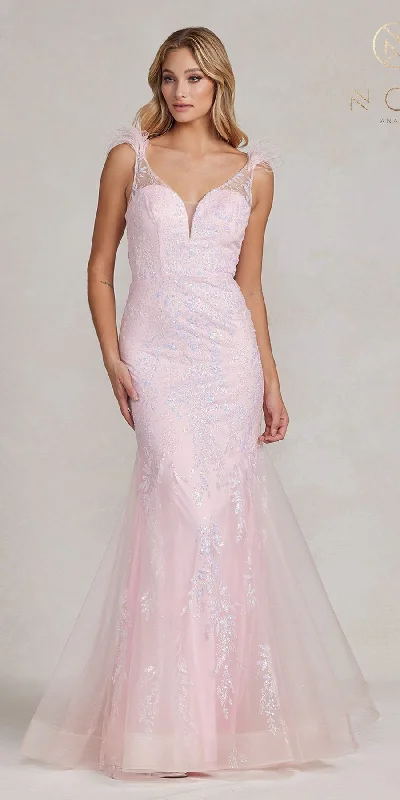 Nox Anabel T1208 Long Mermaid Gown with Feather Straps