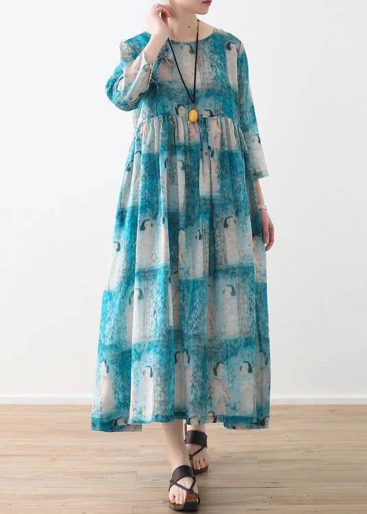 Organic O Neck Cinched Linen Clothes For Women Catwalk Blue Lady Figure Print Dress