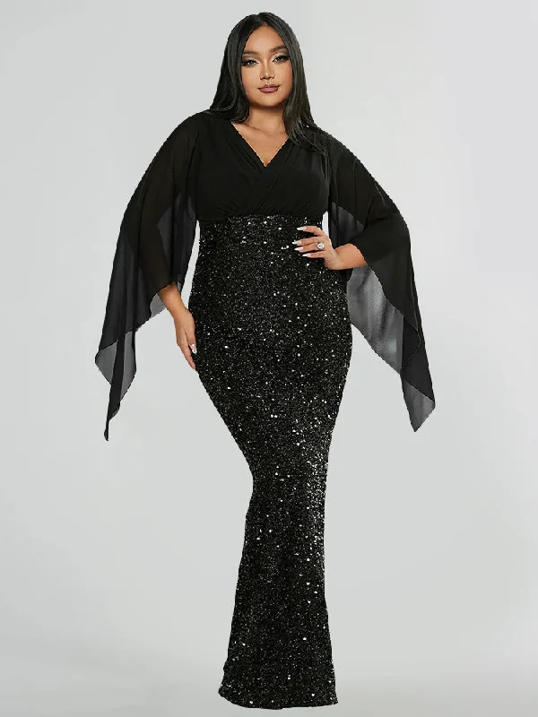 Overlap Collar Cloak Sleeve Slit Back Contrast Sequin Dress