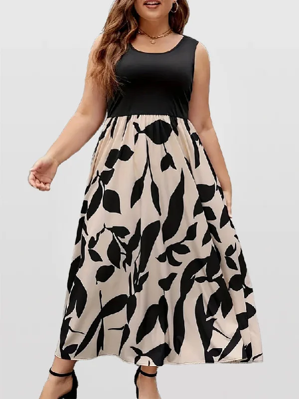 Patchwork Round Neck Ruched Tank Dress