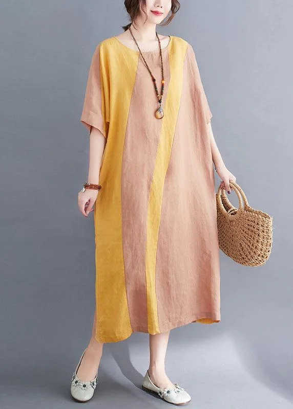 Plus Size Yellow O-Neck Casual Straight Summer Ankle Dress
