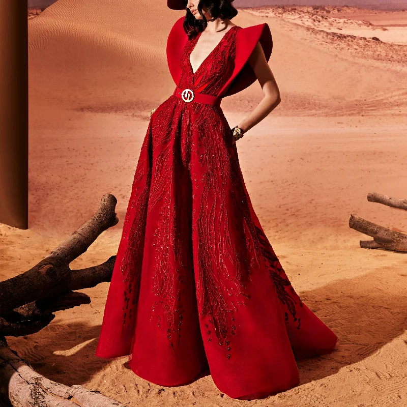 Rubin Red A-Line Dress With Embroidery