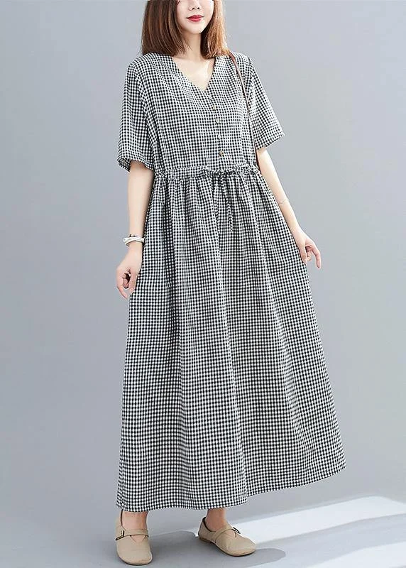 Simple black plaid linen cotton dresses v neck drawstring loose Dresses