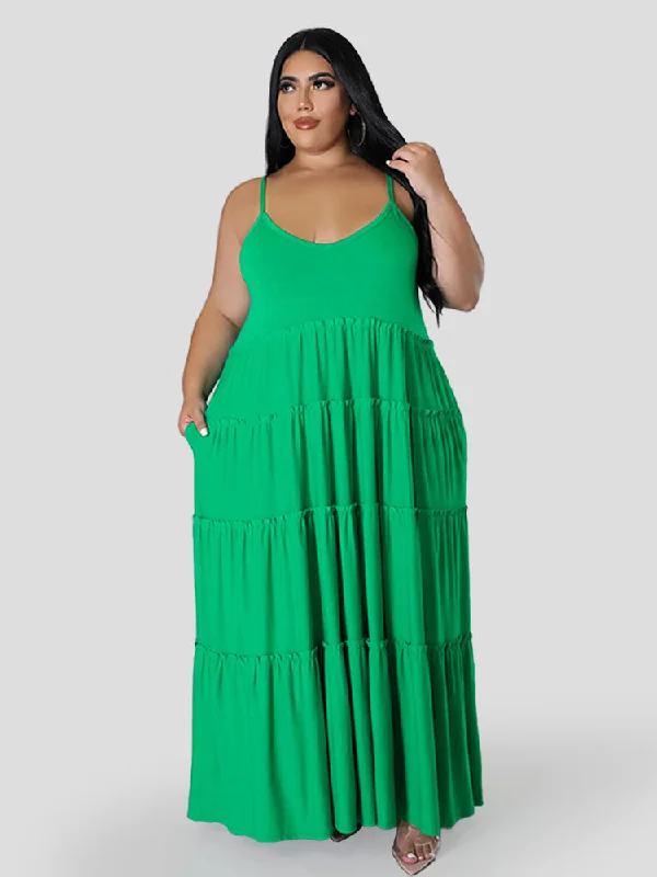 Solid V-Neck Frill Trim Hem Cami Dress