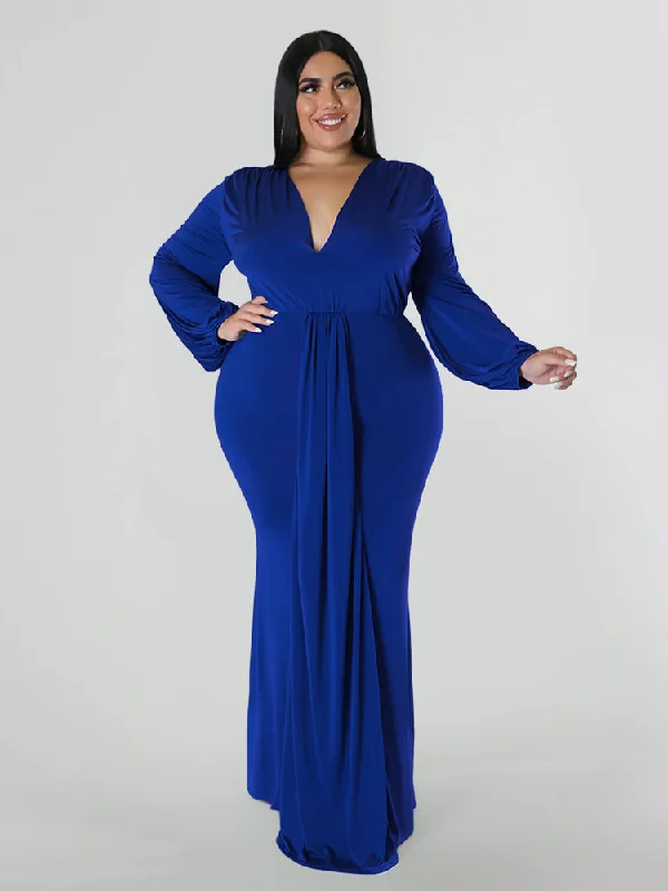 Solid Ruched Ruffles Deep V Neck Dress