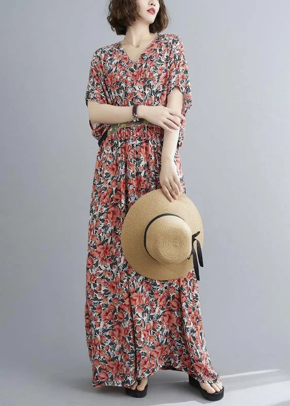 Style Red Print Button Summer Cotton Dress