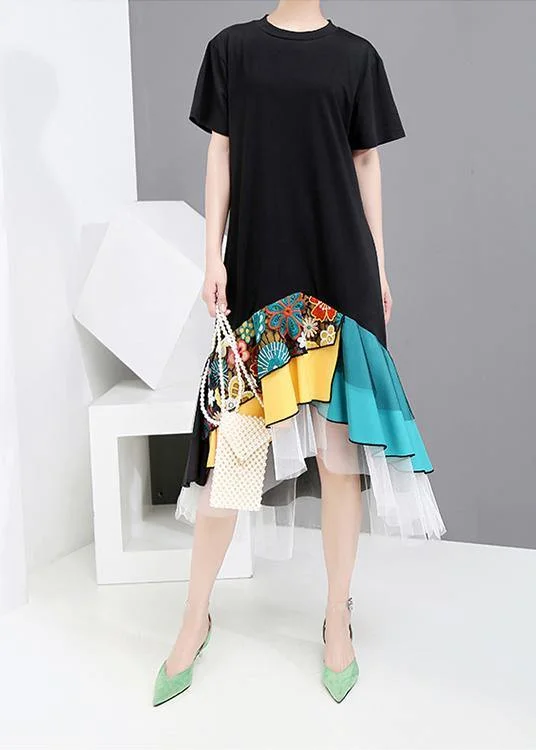 Summer Casual Black Colorful Printed Hem Dress