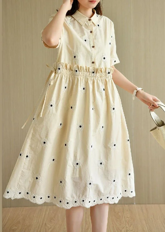 Unique Beige Yellow PeterPan Collar Button Embroideried Summer Cotton Vacation Dresses
