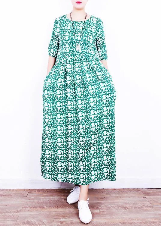 Unique o neck Cinched linen summer clothes Neckline green print Dresses