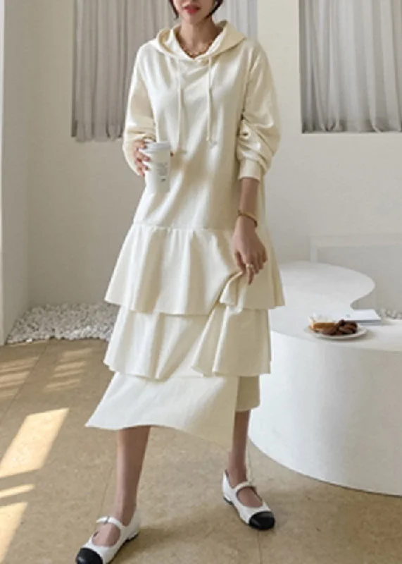 Women Apricot Hooded Patchwork Ruffled Cotton Dress Spring