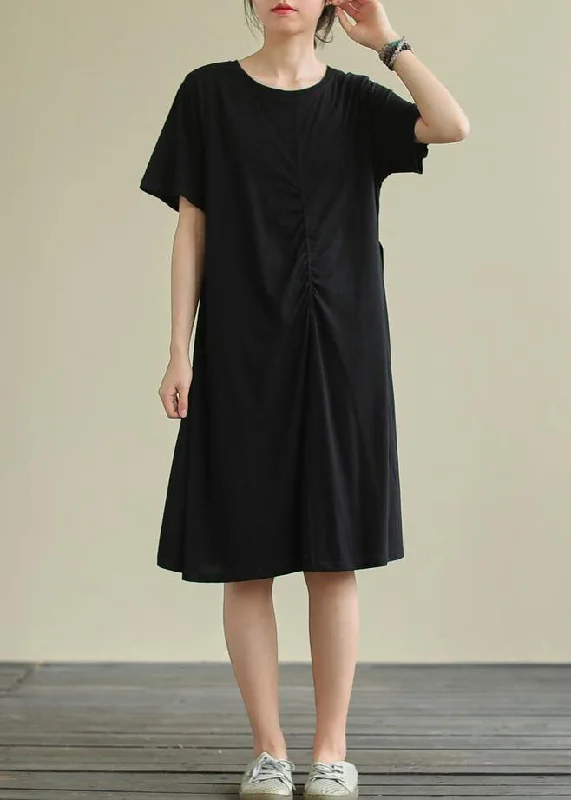 Women black Cotton clothes o neck Cinched oversized summer Dresses