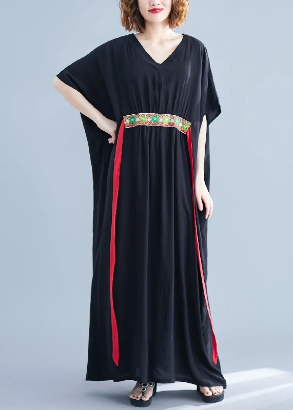 Women Black Loose V Neck Bat Wing Sleeve Summer Vacation Dress