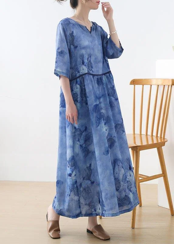 Women Blue Print Pockets Holiday Summer Linen Dress