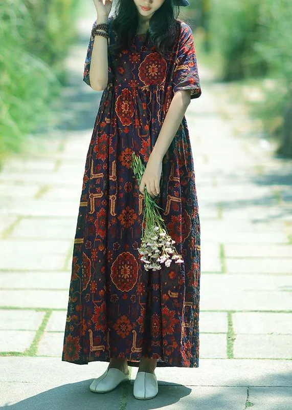Women dark blue print linen Soft Surroundings o neck Cinched summer Dress
