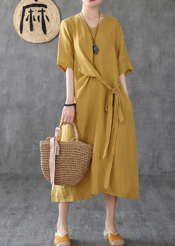 Women v neck linen clothes Online Shopping yellow Dresses
