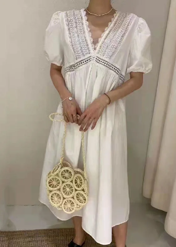 Women White Embroideried Hollow Out Patchwork Cotton Dress Puff Sleeve