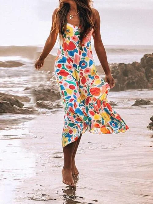 Stylish Multicolor Ruffled Sling Dress