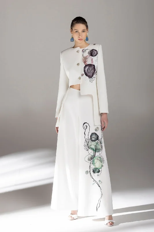 Beaded crepe jacket and pants Collared Jacket Crew Neck Jacket Turtle Neck Jacket
