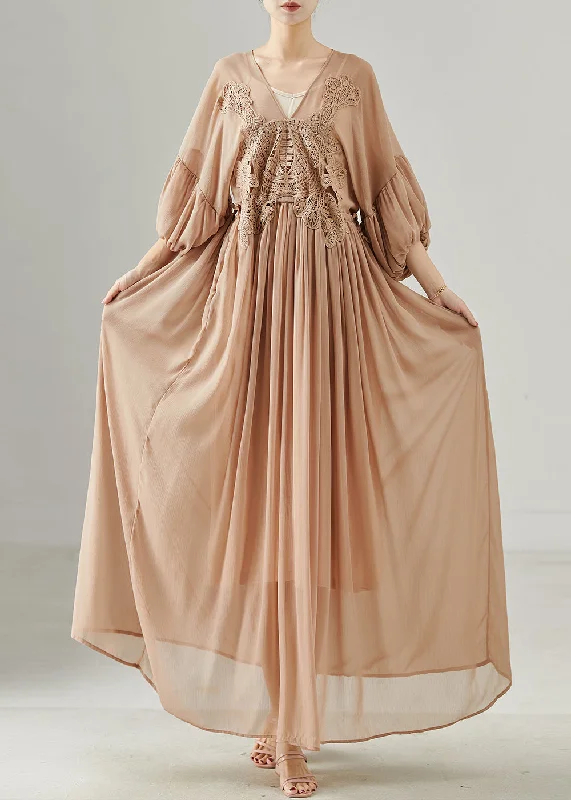 Coffee Patchwork Lace Chiffon Holiday Dress V Neck Summer