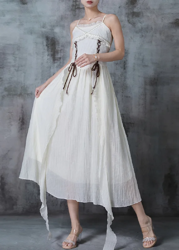 Fine White Ruffled Lace Up Cotton Cami Dresses Summer