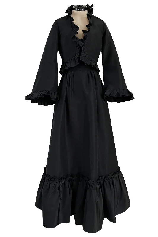 Dreamy 1980s Valentino Black Silk Wide Ruffled Hem Dress w Matching Wide Bell Sleeve Cropped Jacket Faux Fur Jacket Real Fur Jacket Shearling Jacket Dreamy 1980s Valentino Black Silk Wide Ruffled Hem Dress w Matching Wide Bell Sleeve Cropped Jacket Faux Fur Jacket Real Fur Jacket Shearling Jacket