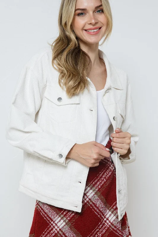 IVORY CORDUROY COLLARED BUTTON DOWN JACKET JK7763 Nylon Fabric Polyester Fabric Spandex Fabric IVORY CORDUROY COLLARED BUTTON DOWN JACKET JK7763 Nylon Fabric Polyester Fabric Spandex Fabric