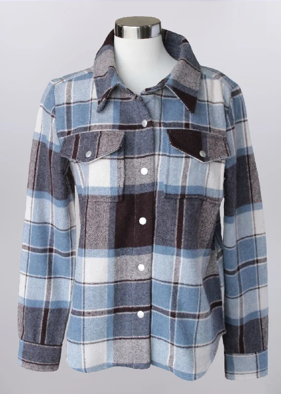 'Keren Hart' Women's Plaid Shirt Jacket - Blue / Brown Zippered Jacket Buttoned Jacket Snapped Jacket 'Keren Hart' Women's Plaid Shirt Jacket - Blue / Brown Zippered Jacket Buttoned Jacket Snapped Jacket