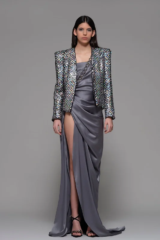 Long sleeves short jacket with high slit draped dress Zip Front Button Front Snap Front Long sleeves short jacket with high slit draped dress Zip Front Button Front Snap Front