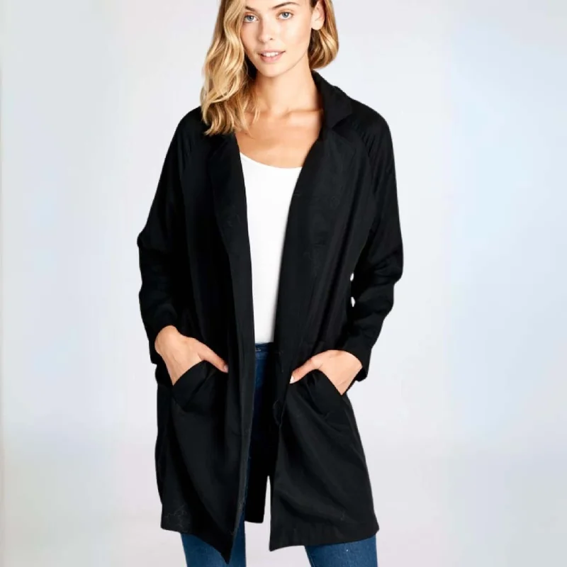 Black Tencel Notched Collar Jacket Made in USA Zippered Front Buttoned Front Snap Front Black Tencel Notched Collar Jacket Made in USA Zippered Front Buttoned Front Snap Front