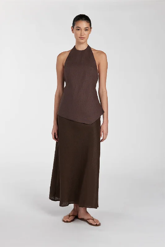 TYRA BITTER CHOC LINEN MIDI SKIRT cashmere skirt fine