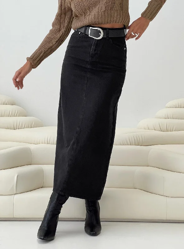 Whessler Split Back Denim Midi Skirt Black tiered skirt playful
